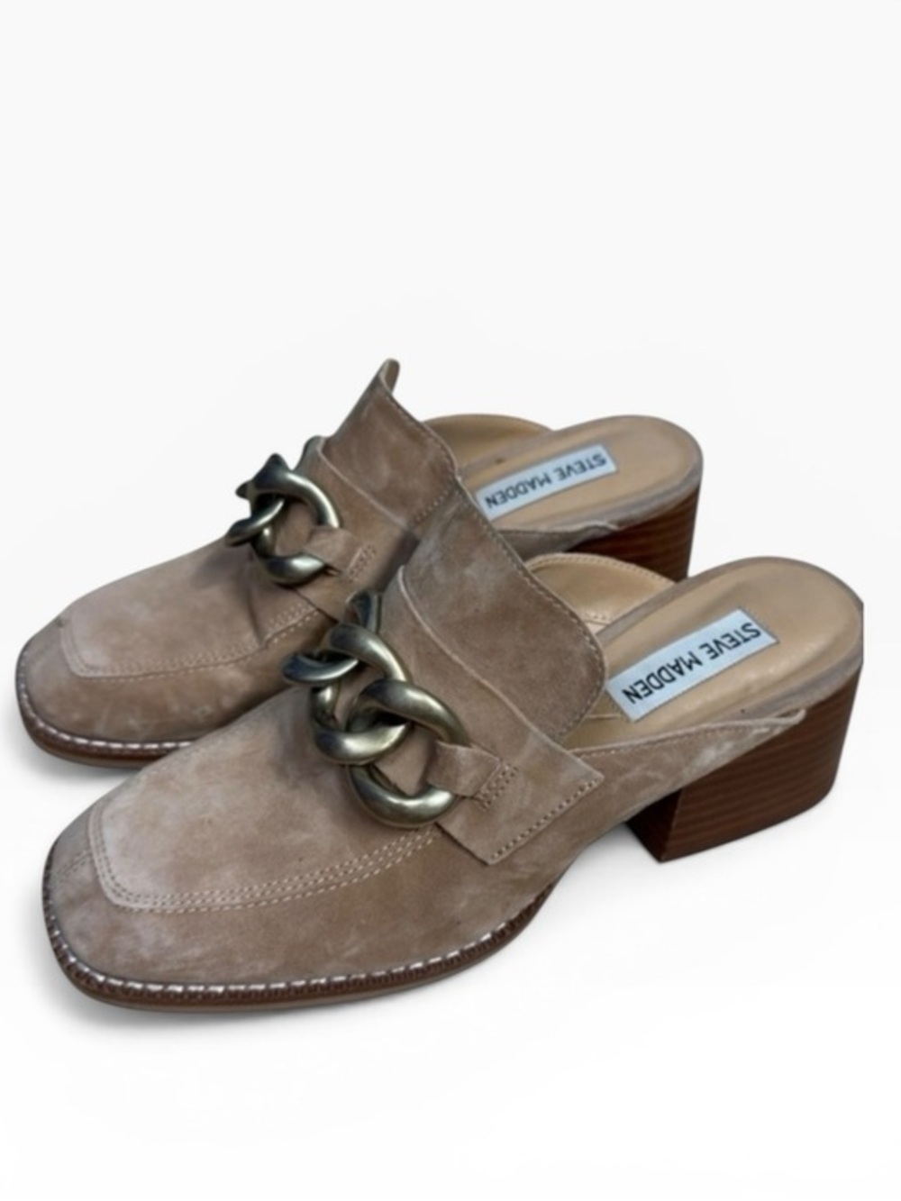 STEVE MADDEN LORIE LOAFER CHAIN MULE Size 7.5 Camel Colored Suede Leather Shoe
